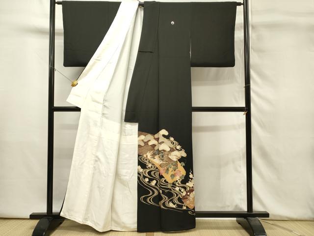 平和屋着物■豪華黒留袖　流水花松文　金彩　正絹　逸品　DABH3452qp