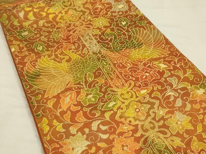 平和屋着物◎六通柄袋帯　向かい鳥更紗花文　金糸　正絹　逸品　DABH3482qp