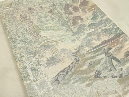 平和屋着物◎六通柄袋帯　風景樹林文　錦袋嵯峨野　銀糸　正絹　逸品　DABH3485qp