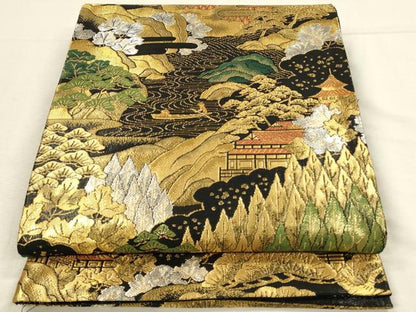 平和屋着物◎佐賀錦　六通柄袋帯　風景花松文　浩彩二重縦　黒地　金銀糸　正絹　逸品　DABH3495qp