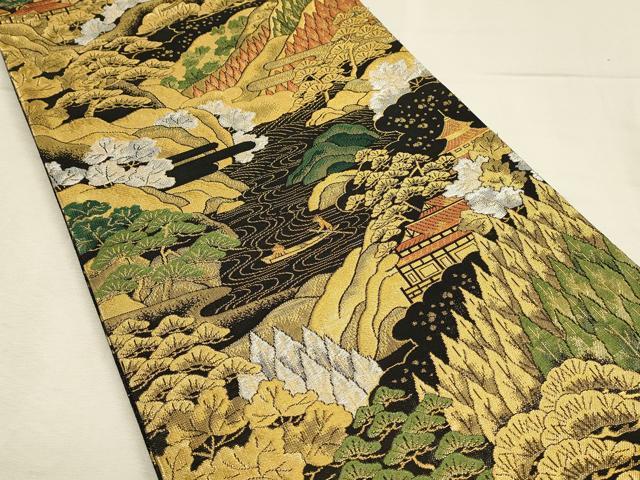 平和屋着物◎佐賀錦　六通柄袋帯　風景花松文　浩彩二重縦　黒地　金銀糸　正絹　逸品　DABH3495qp