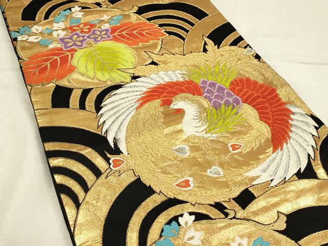 平和屋着物◎六通柄袋帯　唐織　鳳凰桐文　黒地　金銀糸　正絹　逸品　DABH3497qp