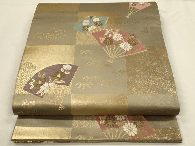 平和屋着物◎六通柄袋帯　舞扇花文　金糸　正絹　逸品　DABH3499qp