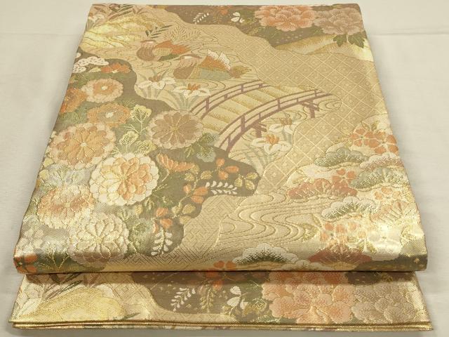 平和屋着物◎佐賀錦　六通柄袋帯　鴛鴦　渡橋花松文　金糸　正絹　逸品　DABH3502qp