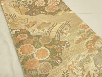 平和屋着物◎佐賀錦　六通柄袋帯　鴛鴦　渡橋花松文　金糸　正絹　逸品　DABH3502qp