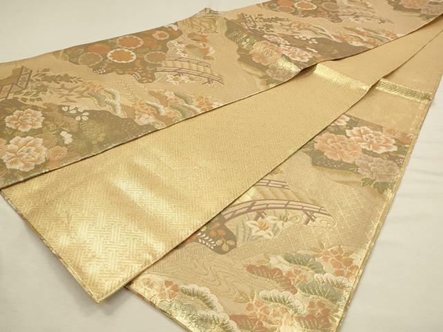 平和屋着物◎佐賀錦　六通柄袋帯　鴛鴦　渡橋花松文　金糸　正絹　逸品　DABH3502qp