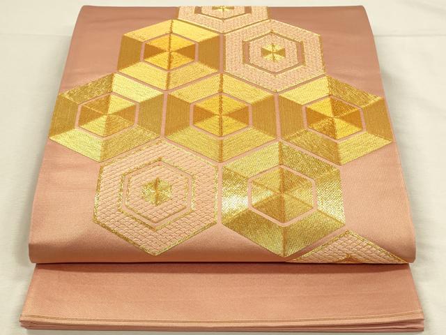 平和屋着物◎太鼓柄袋帯　駒刺繍　総刺繍　亀甲文　金糸　正絹　逸品　DABH3503qp