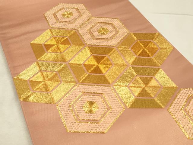 平和屋着物◎太鼓柄袋帯　駒刺繍　総刺繍　亀甲文　金糸　正絹　逸品　DABH3503qp