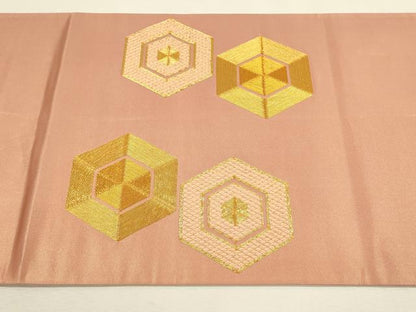 平和屋着物◎太鼓柄袋帯　駒刺繍　総刺繍　亀甲文　金糸　正絹　逸品　DABH3503qp