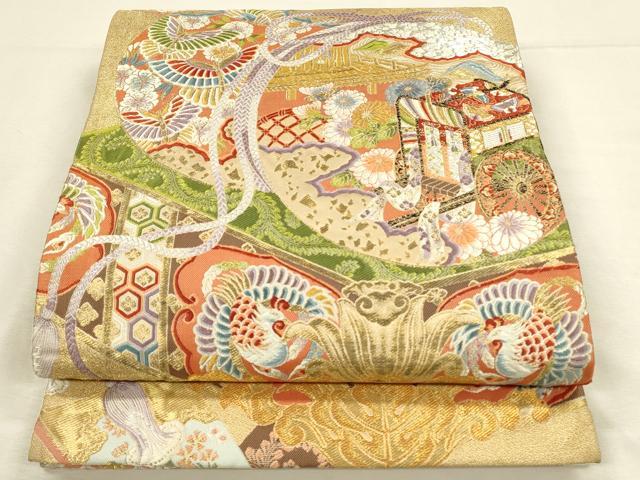 平和屋着物◎六通柄袋帯　唐織　御所車鳳凰花蝶文　金銀糸　正絹　逸品　DABH3506qp