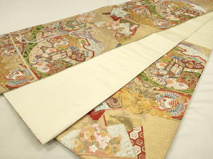 平和屋着物◎六通柄袋帯　唐織　御所車鳳凰花蝶文　金銀糸　正絹　逸品　DABH3506qp