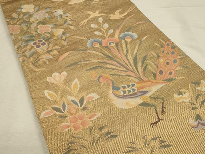 平和屋着物◎六通柄袋帯　孔雀花文　金糸　正絹　逸品　DABH3508qp