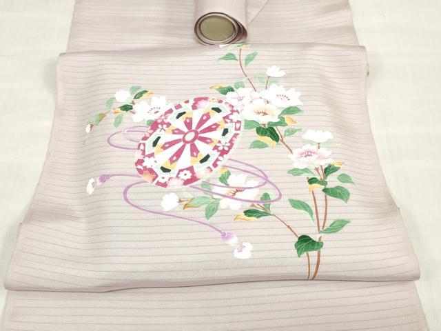 平和屋着物＊夏物　絽塩瀬　名古屋帯　帯反物　友禅　片輪車花文　逸品　未使用　DABH3523zy