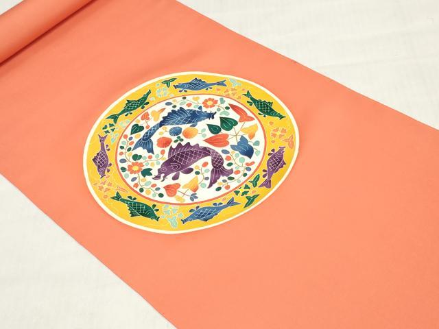 平和屋着物●塩瀬　名古屋帯　帯反物　友禅作家物　魚　花絵皿文　上代33万円　逸品　未使用　DABH3524zy