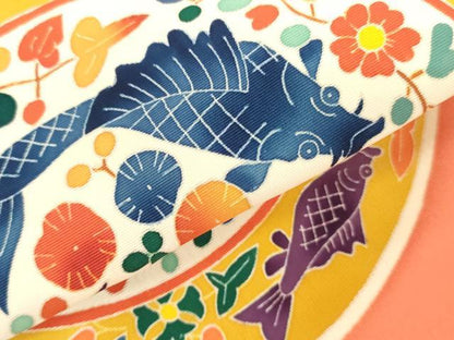 平和屋着物●塩瀬　名古屋帯　帯反物　友禅作家物　魚　花絵皿文　上代33万円　逸品　未使用　DABH3524zy