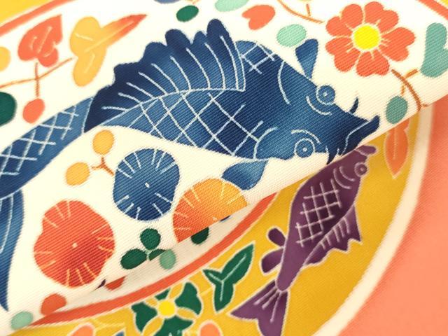 平和屋着物●塩瀬　名古屋帯　帯反物　友禅作家物　魚　花絵皿文　上代33万円　逸品　未使用　DABH3524zy