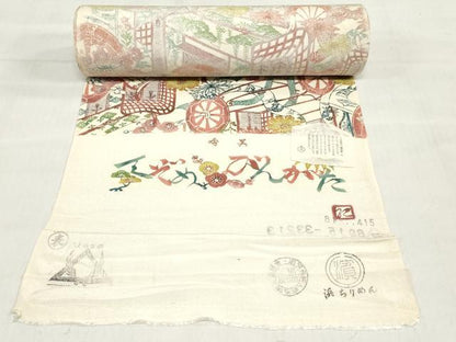 平和屋着物●小紋　反物　着尺　手ぞめびんがた　御所車草花文　鬼しぼ縮緬　逸品　未使用　DABH3530zy