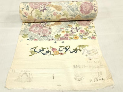 平和屋着物●小紋　反物　着尺　手ぞめびんがた　草花丸文　鬼しぼ縮緬　逸品　未使用　DABH3531zy