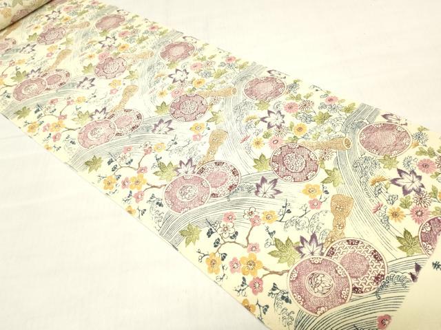 平和屋着物●小紋　反物　着尺　手ぞめびんがた　草花丸文　鬼しぼ縮緬　逸品　未使用　DABH3531zy