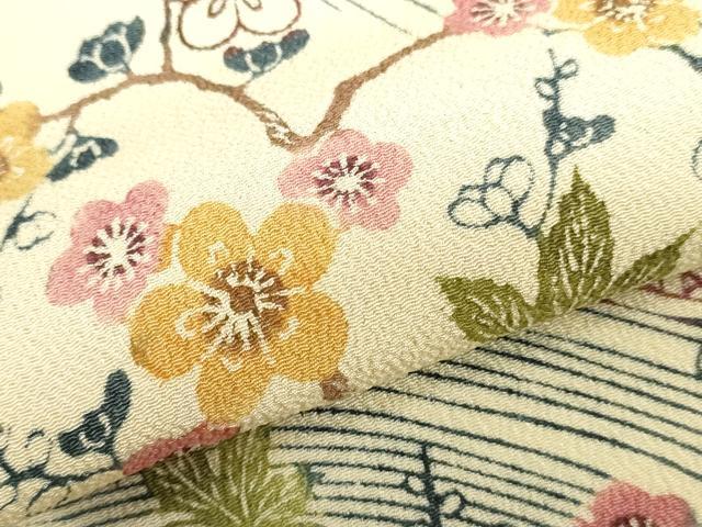 平和屋着物●小紋　反物　着尺　手ぞめびんがた　草花丸文　鬼しぼ縮緬　逸品　未使用　DABH3531zy