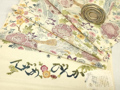 平和屋着物●小紋　反物　着尺　手ぞめびんがた　草花丸文　鬼しぼ縮緬　逸品　未使用　DABH3531zy