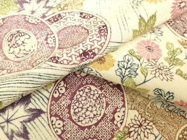 平和屋着物●小紋　反物　着尺　手ぞめびんがた　草花丸文　鬼しぼ縮緬　逸品　未使用　DABH3531zy