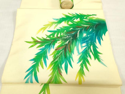 平和屋着物▼塩瀬　名古屋帯　帯反物　ろうけつ染め　草葉文　逸品　未使用　DABH3542zy