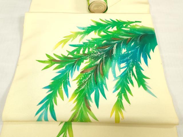 平和屋着物▼塩瀬　名古屋帯　帯反物　ろうけつ染め　草葉文　逸品　未使用　DABH3542zy