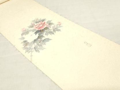 平和屋着物▼内山晴祥　手描き　名古屋帯　帯反物　あみ織紬　民芸手織　草花文　逸品　未使用　DABH3544zy