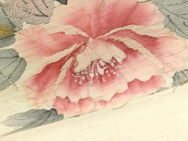 平和屋着物▼内山晴祥　手描き　名古屋帯　帯反物　あみ織紬　民芸手織　草花文　逸品　未使用　DABH3544zy