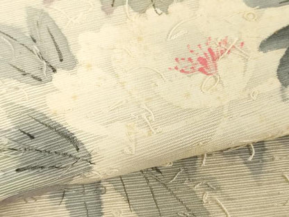 平和屋着物▼内山晴祥　手描き　名古屋帯　帯反物　あみ織紬　民芸手織　草花文　逸品　未使用　DABH3544zy