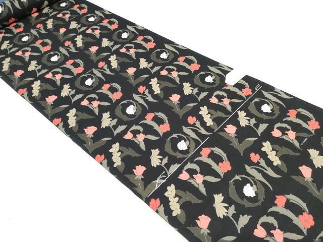 平和屋着物＊夏物　浴衣　反物　着尺　草花文　黒地　クイーンサイズ　綿　逸品　未使用　DABH3556zy