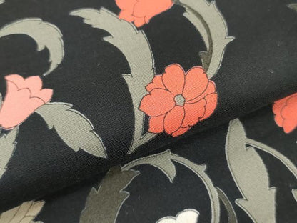 平和屋着物＊夏物　浴衣　反物　着尺　草花文　黒地　クイーンサイズ　綿　逸品　未使用　DABH3556zy