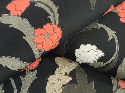 平和屋着物＊夏物　浴衣　反物　着尺　草花文　黒地　クイーンサイズ　綿　逸品　未使用　DABH3556zy