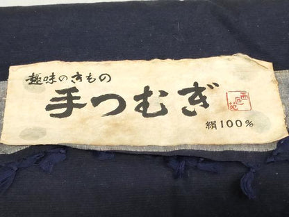 平和屋着物▼男性　手紬　反物　着尺　濃藍色　証紙付き　逸品　未使用　DABH3594zy