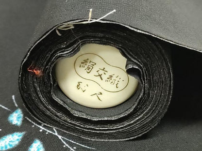 平和屋着物▼羽織・コート　反物　羽尺　草花文　黒地　未使用　DABH3637zy