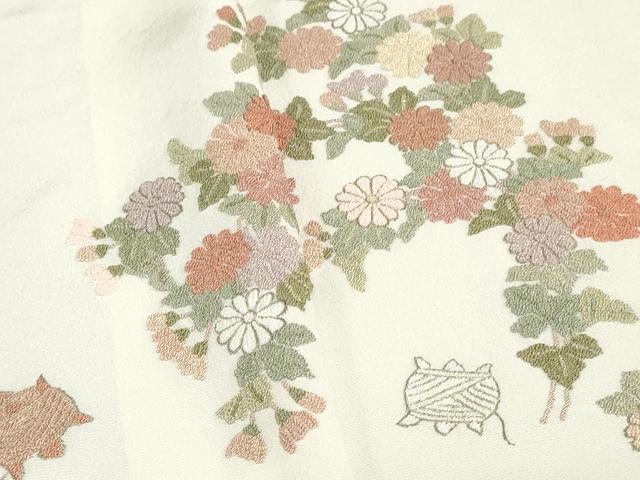 平和屋着物●中国三大刺繍　相良刺繍　総刺繍　付下げ　反物　着尺　草花文　証紙付き　逸品　未使用　DABH3688zy