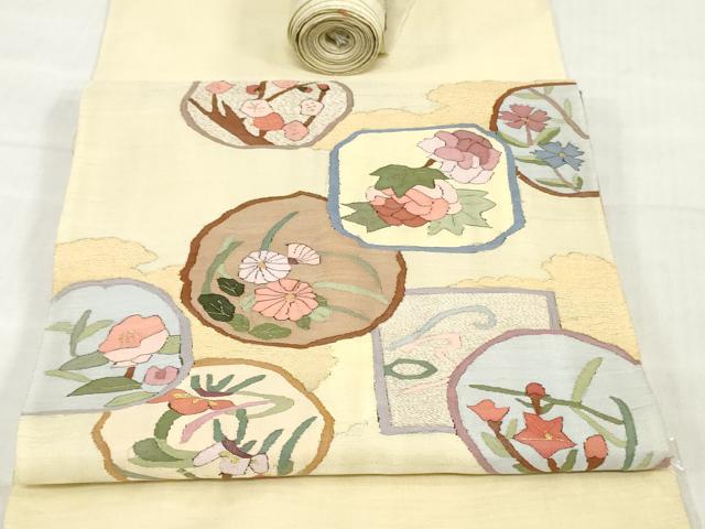 平和屋着物●明綴れ　袋帯　帯反物　草花文　金糸　裏地付き　逸品　未使用　DABH3691zy