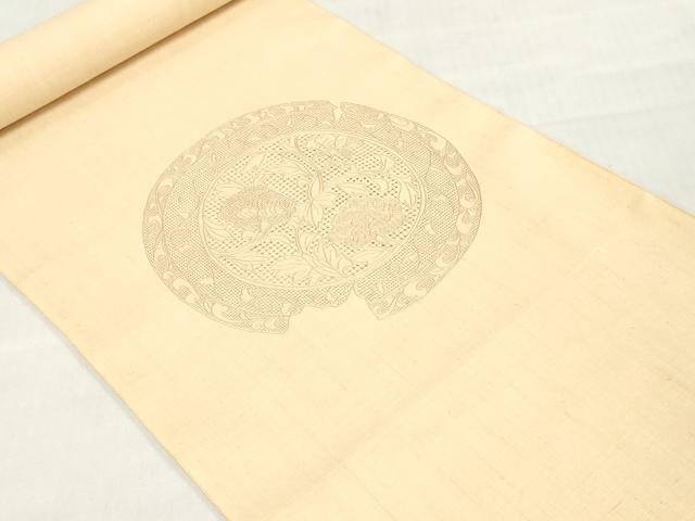 平和屋着物●中国三大刺繍　相良刺繍　総刺繍　名古屋帯　結城紬　帯反物　花絵皿文　蜂蜜色　証紙付き　逸品　未使用　DABH3693zy