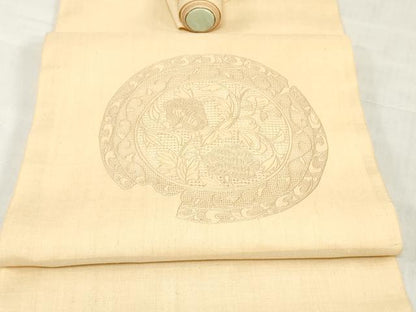 平和屋着物●中国三大刺繍　相良刺繍　総刺繍　名古屋帯　結城紬　帯反物　花絵皿文　蜂蜜色　証紙付き　逸品　未使用　DABH3693zy