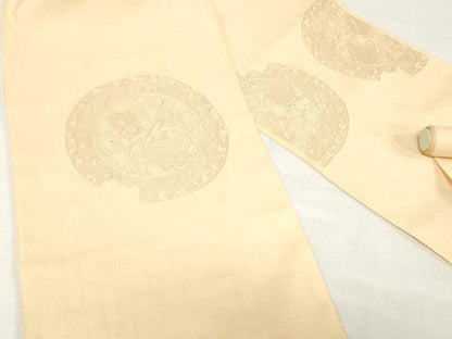 平和屋着物●中国三大刺繍　相良刺繍　総刺繍　名古屋帯　結城紬　帯反物　花絵皿文　蜂蜜色　証紙付き　逸品　未使用　DABH3693zy