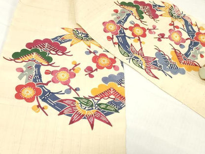 平和屋着物＊夏物　名古屋帯　生紬　帯反物　型染め　松竹梅　逸品　未使用　DABH3694zy