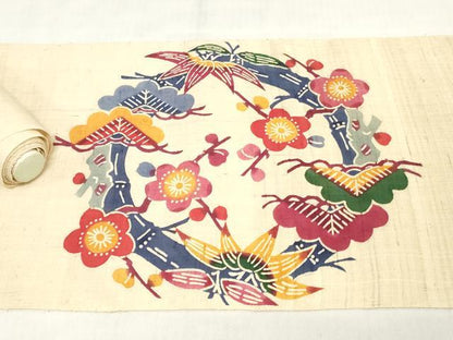 平和屋着物＊夏物　名古屋帯　生紬　帯反物　型染め　松竹梅　逸品　未使用　DABH3694zy