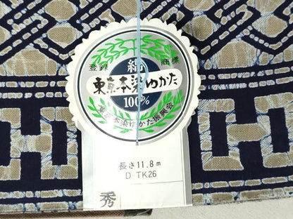 平和屋着物＊夏物　男性　浴衣　反物　着尺　注染　東京本染　本ろうけつ　幾何学間道　キングサイズ　綿　逸品　未使用　DABH3704zy