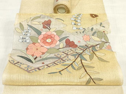 平和屋着物＊夏物　明綴れ　袋帯　帯反物　松皮菱花文　金糸　裏地付き　逸品　未使用　DABH3753zy