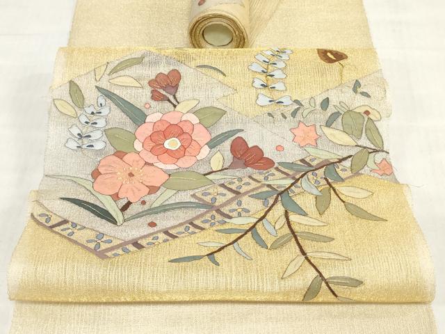 平和屋着物＊夏物　明綴れ　袋帯　帯反物　松皮菱花文　金糸　裏地付き　逸品　未使用　DABH3753zy