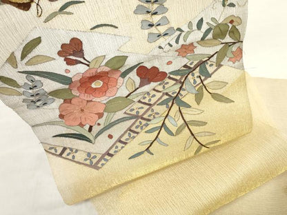 平和屋着物＊夏物　明綴れ　袋帯　帯反物　松皮菱花文　金糸　裏地付き　逸品　未使用　DABH3753zy