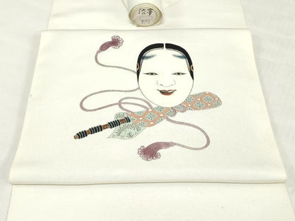 平和屋着物▼塩瀬　名古屋帯　帯反物　能面　楽器文　若芽色　逸品　未使用　DABH3755zy