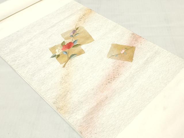 平和屋着物▼西陣　名古屋帯　帯反物　刺繍　色紙枝花文　金銀彩　銀通し地　証紙付き　逸品　未使用　DABH3756zy