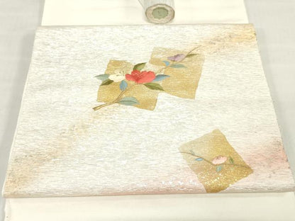 平和屋着物▼西陣　名古屋帯　帯反物　刺繍　色紙枝花文　金銀彩　銀通し地　証紙付き　逸品　未使用　DABH3756zy